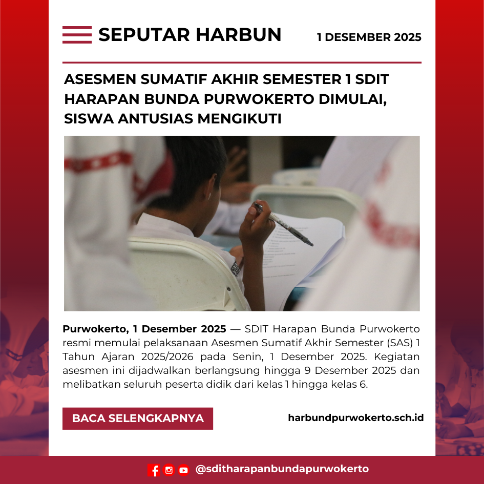 Asesmen Sumatif Akhir Semester 1 SDIT Harapan Bunda Purwokerto Dimulai, Siswa Antusias Mengikuti