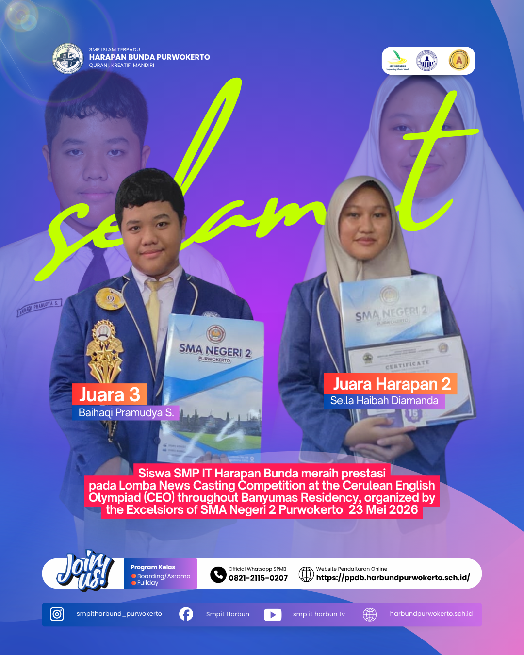 Keberanian Berbicara Berbuah Prestasi, Siswa SMPIT Harapan Bunda Raih Penghargaan News Casting Tingkat Karesidenan Banyumas